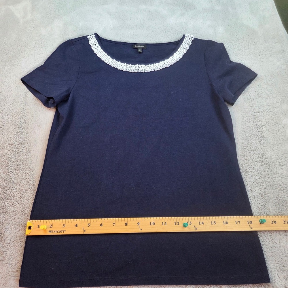 Talbots Beaded Neckline Top Womens Medium Navy Blue Short Sleeve Cotton Stretch